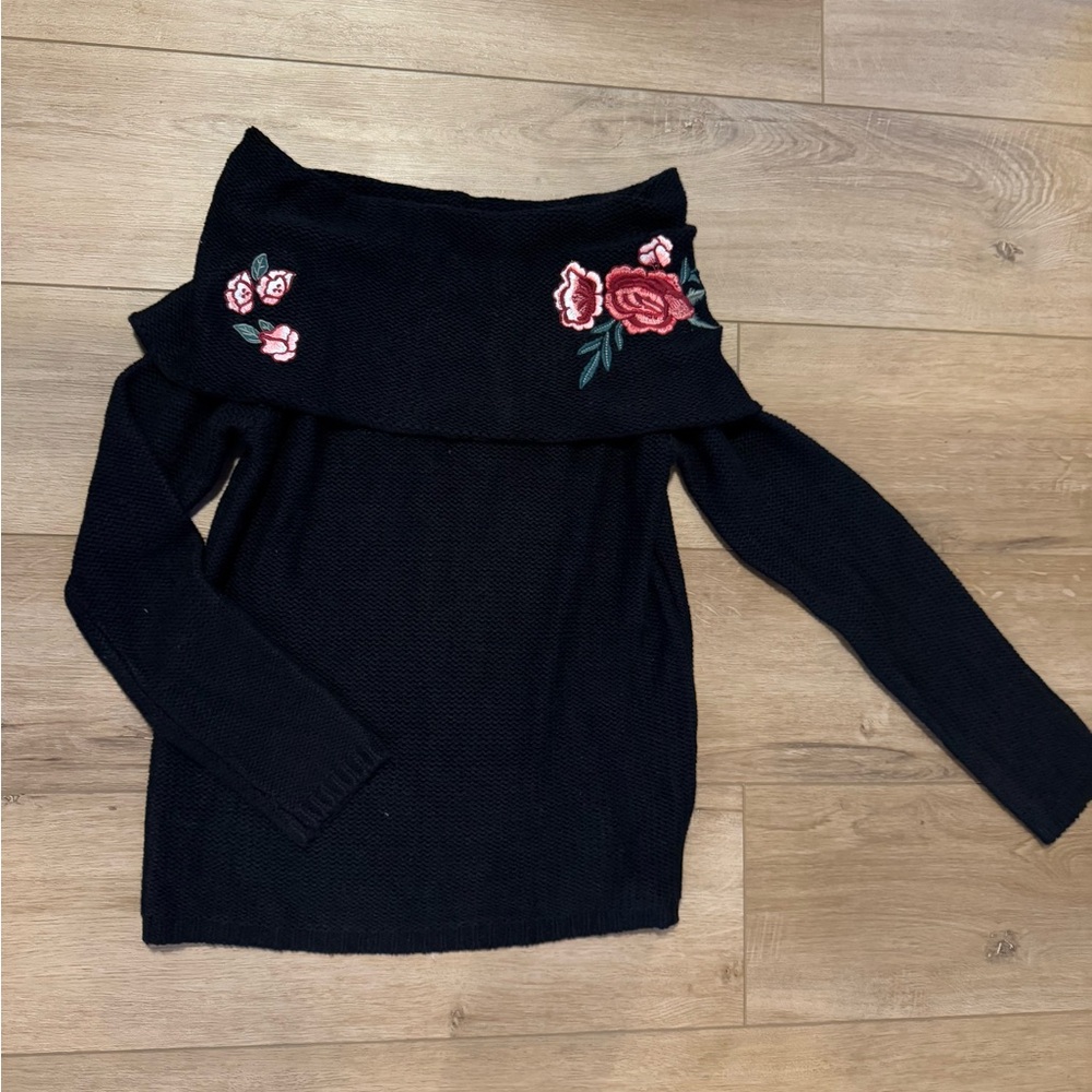 Black Off-Shoulder Sweater with Floral Embroidery